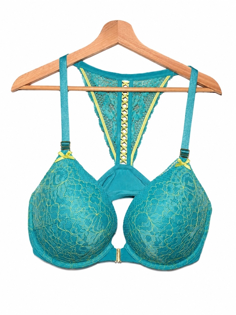 42DD Boost Plunge Bra Teal Lime Lace Front Closure Racerback Colorful Feminine